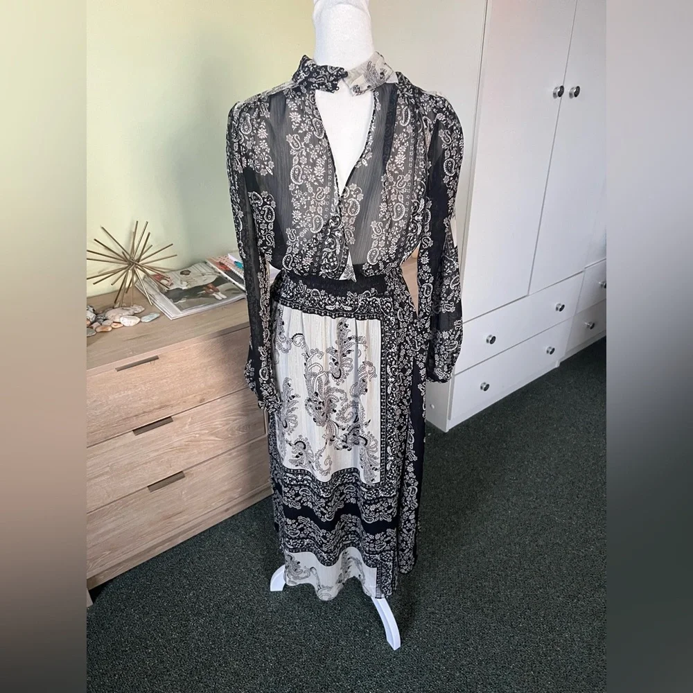 MANGO Blondie Printed Paisley Gold Thread Puff Sleeve Modest Midi Dress Sz XS-S - Picture 12 of 16